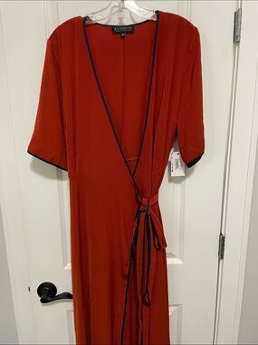 Eloquii Rust Wrap Dress with Navy Trim Accents. NWT